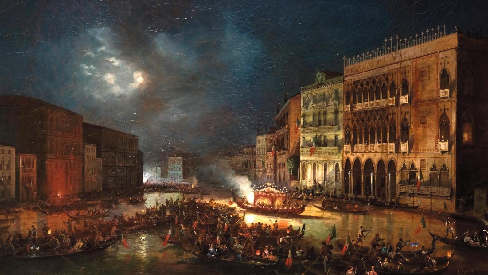 Carlo Grubacs (1802-1870), Fête à Venise au clair de lune après la défaite de Sadowa,... Grubacs, Lé Phô et Godchaux, invités d’honneur