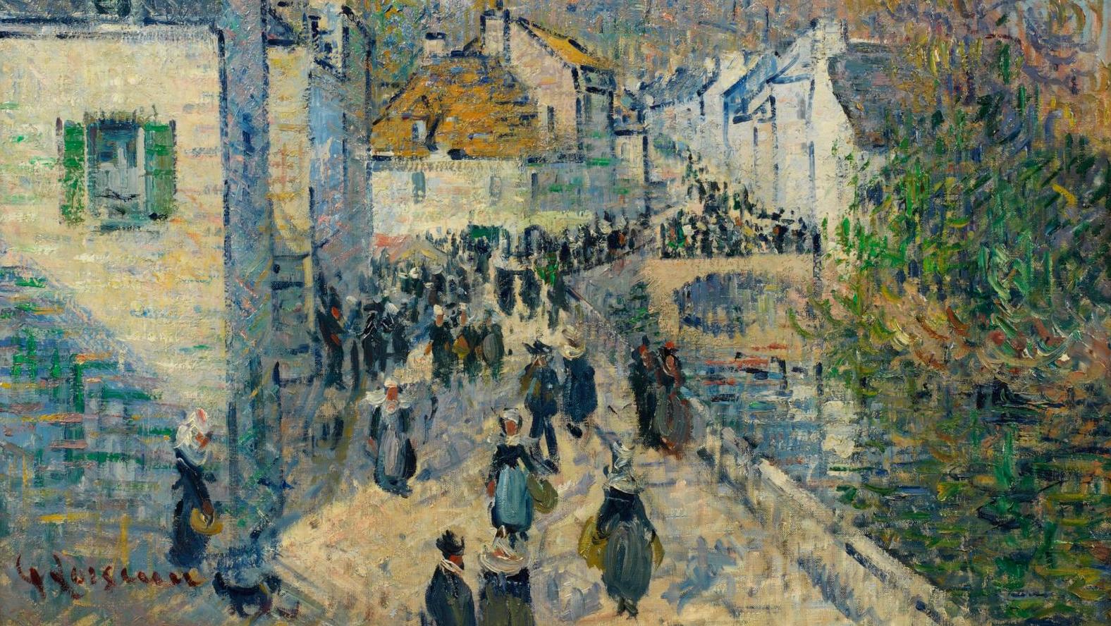 Gustave Loiseau (1865-1935), Jour de marché à Pont-Aven par beau temps, 1922, huile... Avis de beau temps sur la Bretagne