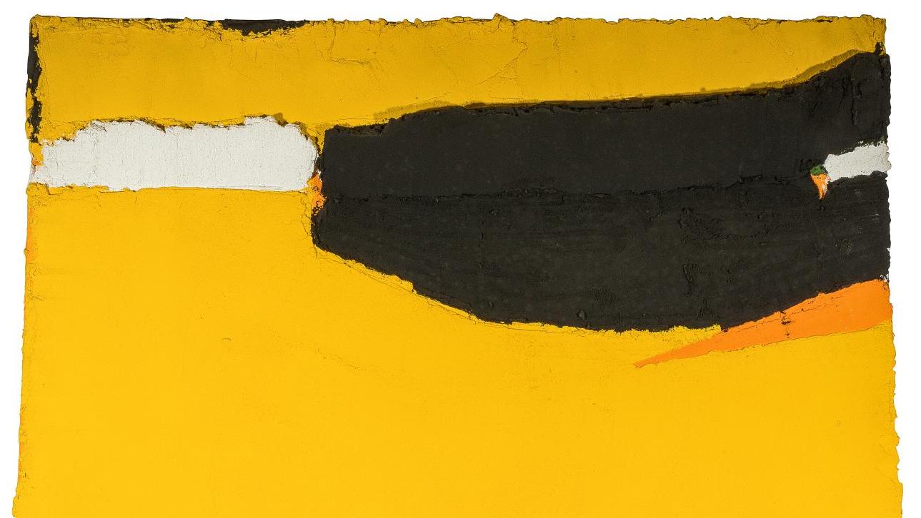 Angel Alonso (1923-1994), Composition, technique mixte sur panneau, 159 x 139 cm.... Gants blancs sur fond jaune