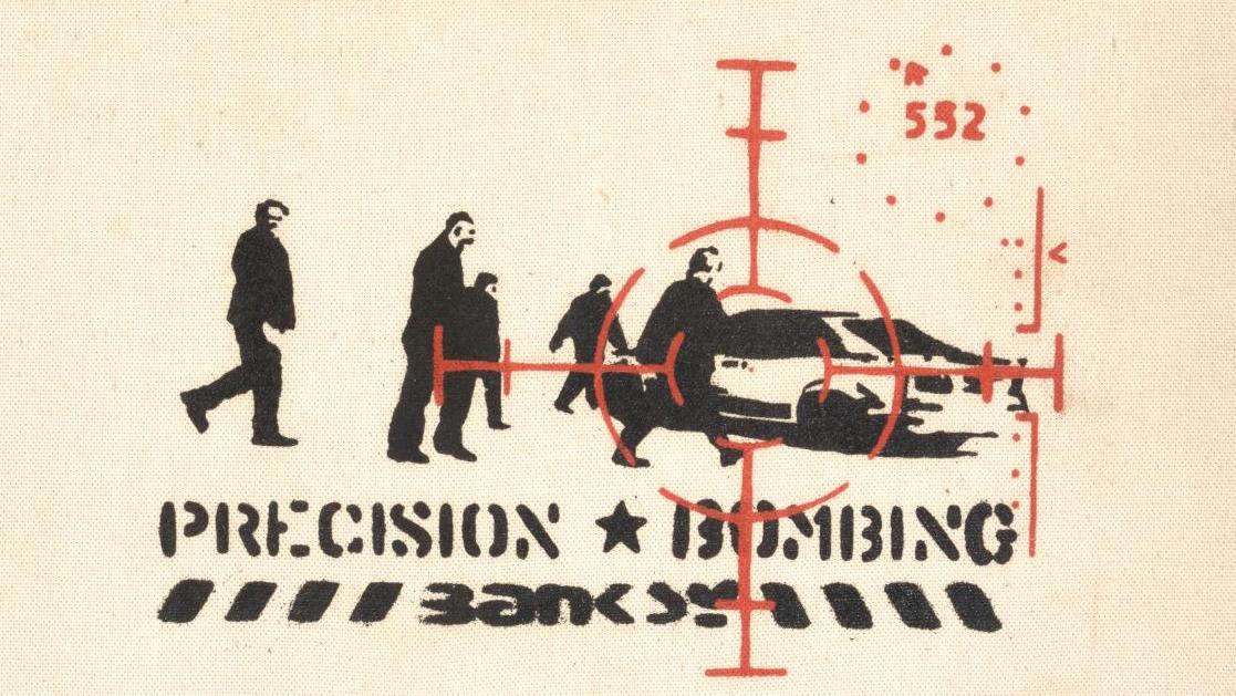Banksy, Precision Bombing, 2000, peinture aérosol et pochoir sur toile marouflée... Une enchère de précision
