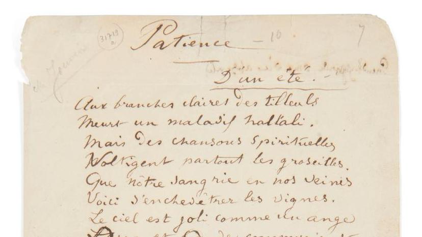 Arthur Rimbaud (1854-1891), «Patience. D’un été», manuscrit autographe du poème rédigé... Institutions et ventes Aristophil : une patience récompensée