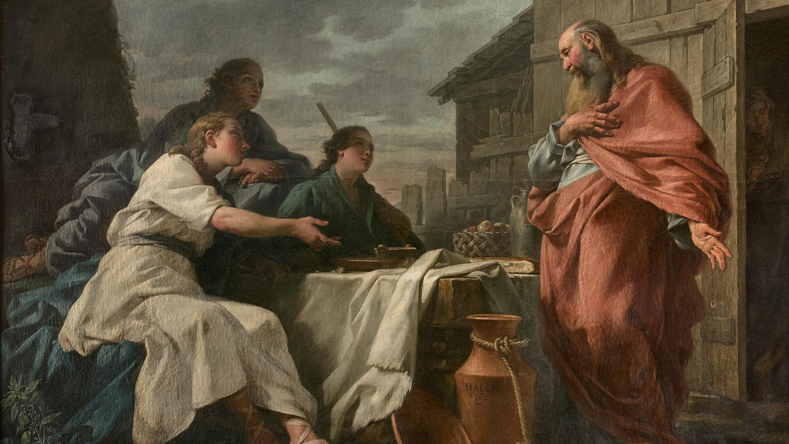 Noël Hallé (1711-1781), Abraham et les trois anges, huile sur toile, signée et datée... Trois anges à la table d’Abraham