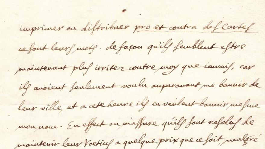 René Descartes (1596-1650), lettre autographe adressée à Huygens de Zuylichem (1596-1687),... La méthode cartésienne en manuscrit