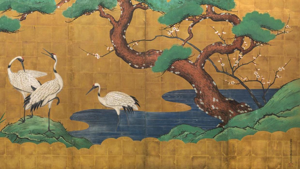 Japon, fin de l’époque d’Edo (1603-1868). Paravent à quatre feuilles à décor de grues... Le Japon du printemps à l’automne