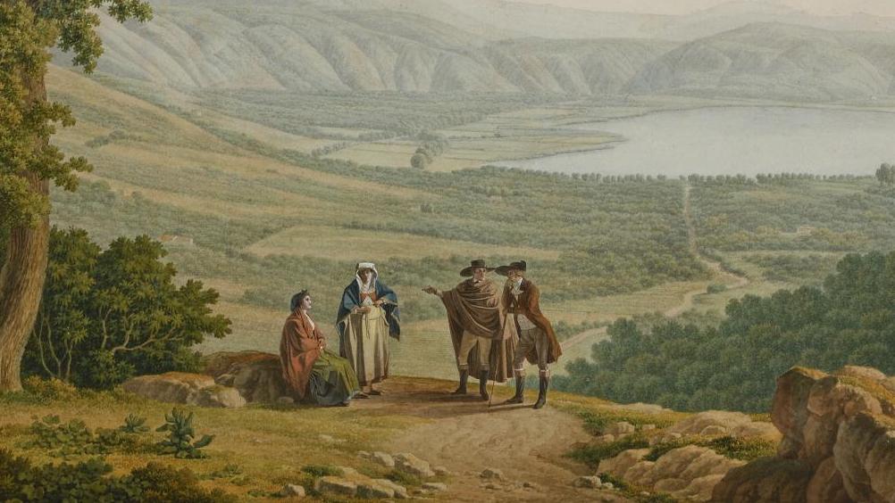 Abraham-Louis-Rodolphe Ducros (1748-1810), Vue animée et présumée du lac d’Averne... Le voyage à Naples