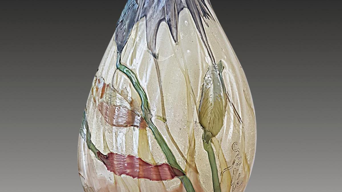 Emile Gallé (1846-1904), vase imitating an iris bud, multi-layered glass, gilt bronze... An Iris Bud Transfigured by Gallé