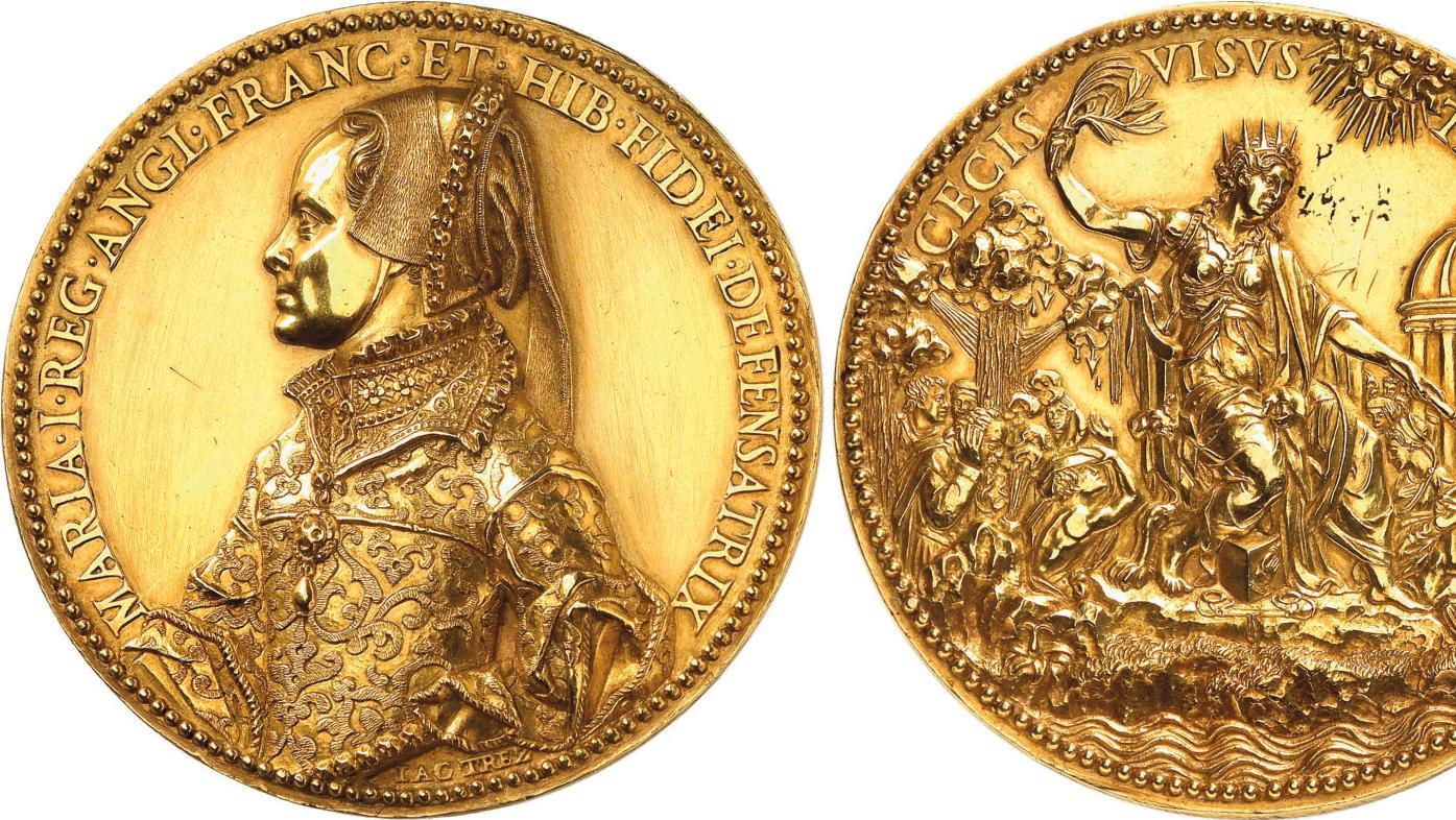 Marie Tudor, reine d’Angleterre (reg. 1553-1558), médaille en or par Jacopo Nizzola... Marie Tudor, fidei defensatrix