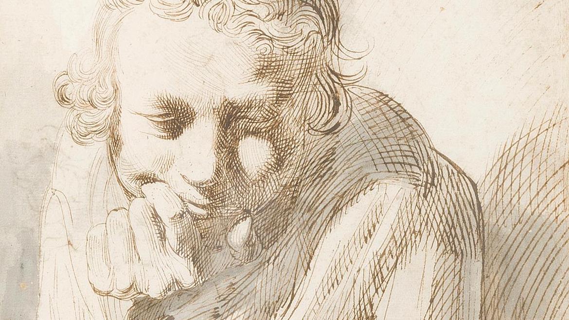 Attribué à Jacques Stella (1596-1657), Portrait d’un homme en buste accoudé sur son... Un grand goût français