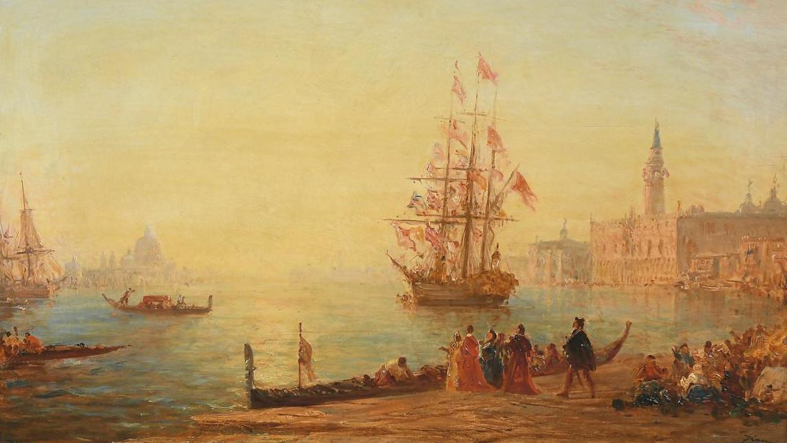 Félix Ziem (1821-1911), Venise, voilier et gondoles sur le grand bassin, huile sur... Coffret de prestige, corail de Chine et Venise par Ziem