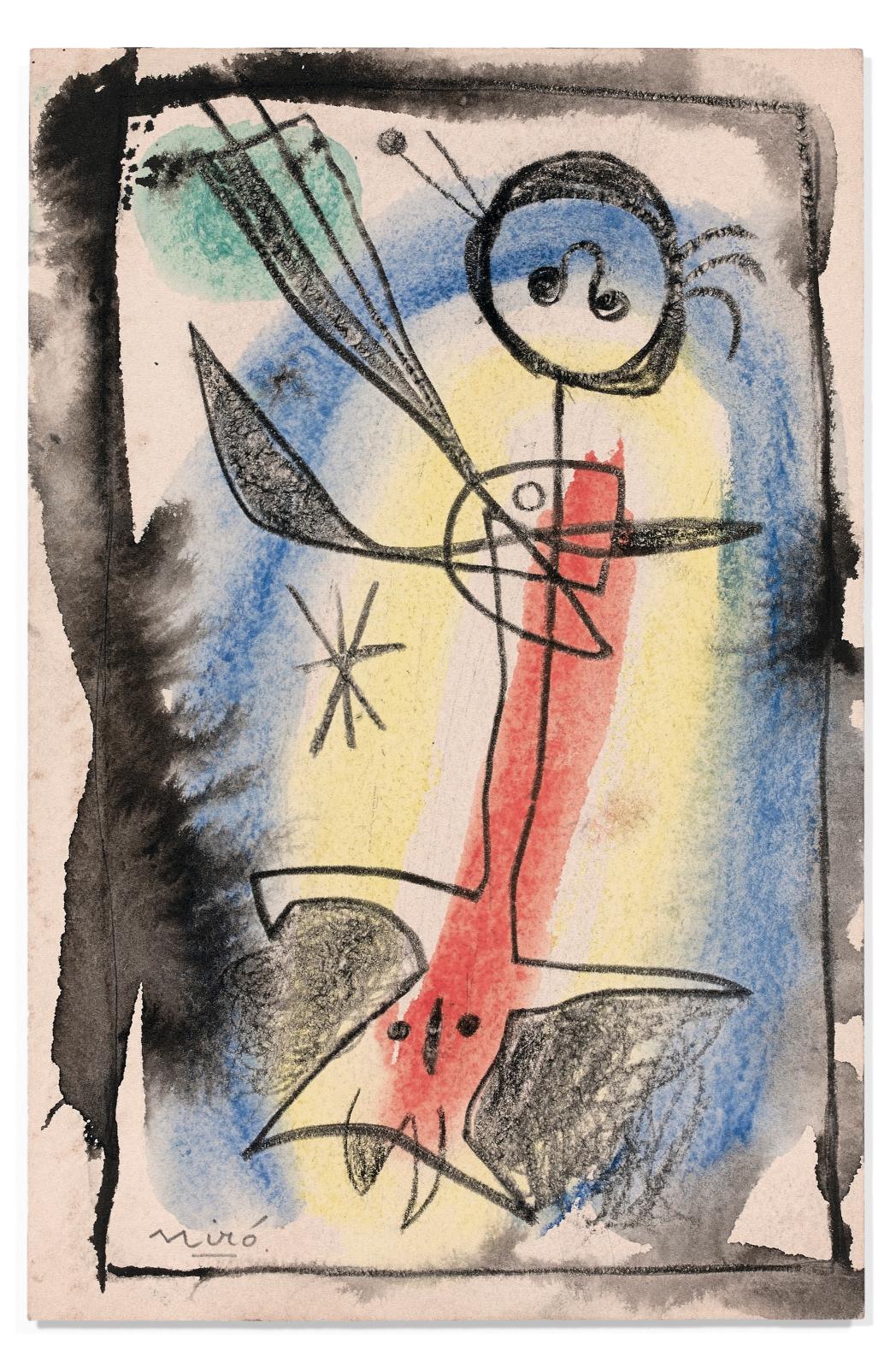 Joan Miró (1893-1983), Composition, 1956, aquarelle, encre de Chine, crayon de cire et mine de plomb sur papier, dédicace «A Benjamin Péret, très amic