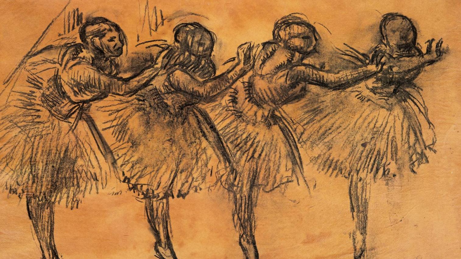 Edgar Degas (1834-1917), Quatre danseuses évoluant, fusain sur papier calque contrecollé... Maître de ballet