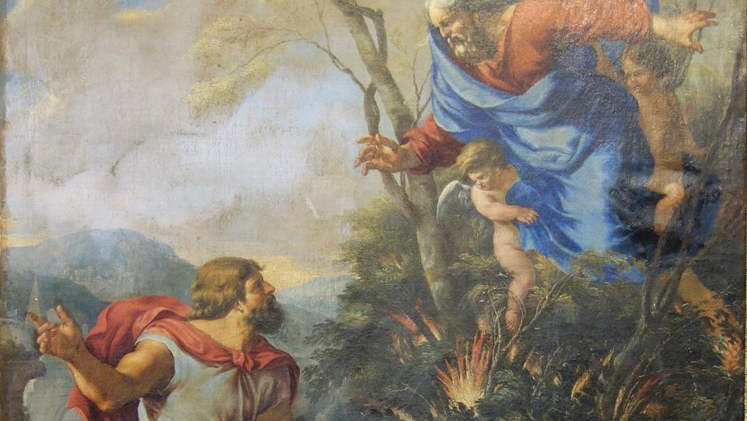 École française du XVIIe siècle, Moïse et le buisson ardent, huile sur toile, 118 x 102 cm.... Théophanie du XVIIe siècle