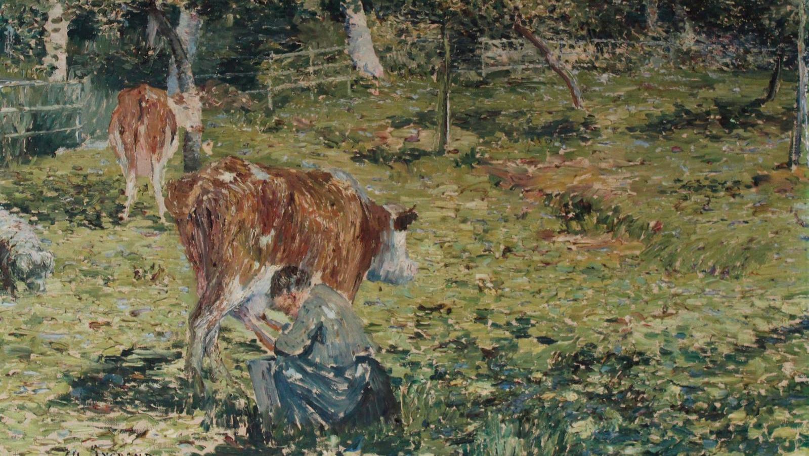 Charles Angrand (1854-1926), Paysanne trayant une vache, huile sur toile signée et... Angrand, poésie cauchoise