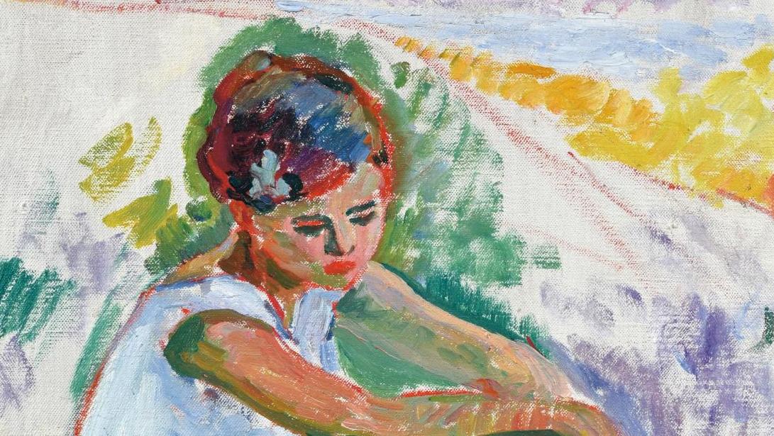 Henri Lebasque (1865-1937), Femme assise à la robe blanche en bord de mer, huile... De Lebasque à Authouart