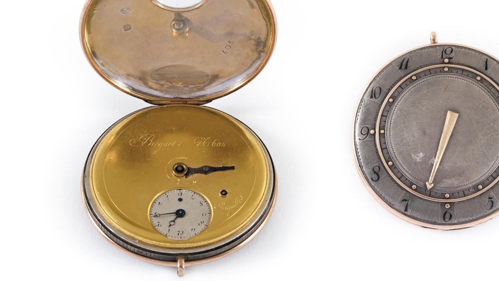 Abraham Louis Breguet (1747-1823), montre à tact en argent et or, avec cadran excentré,... Pile à l’heure : Breguet, Valadier, Suisse…