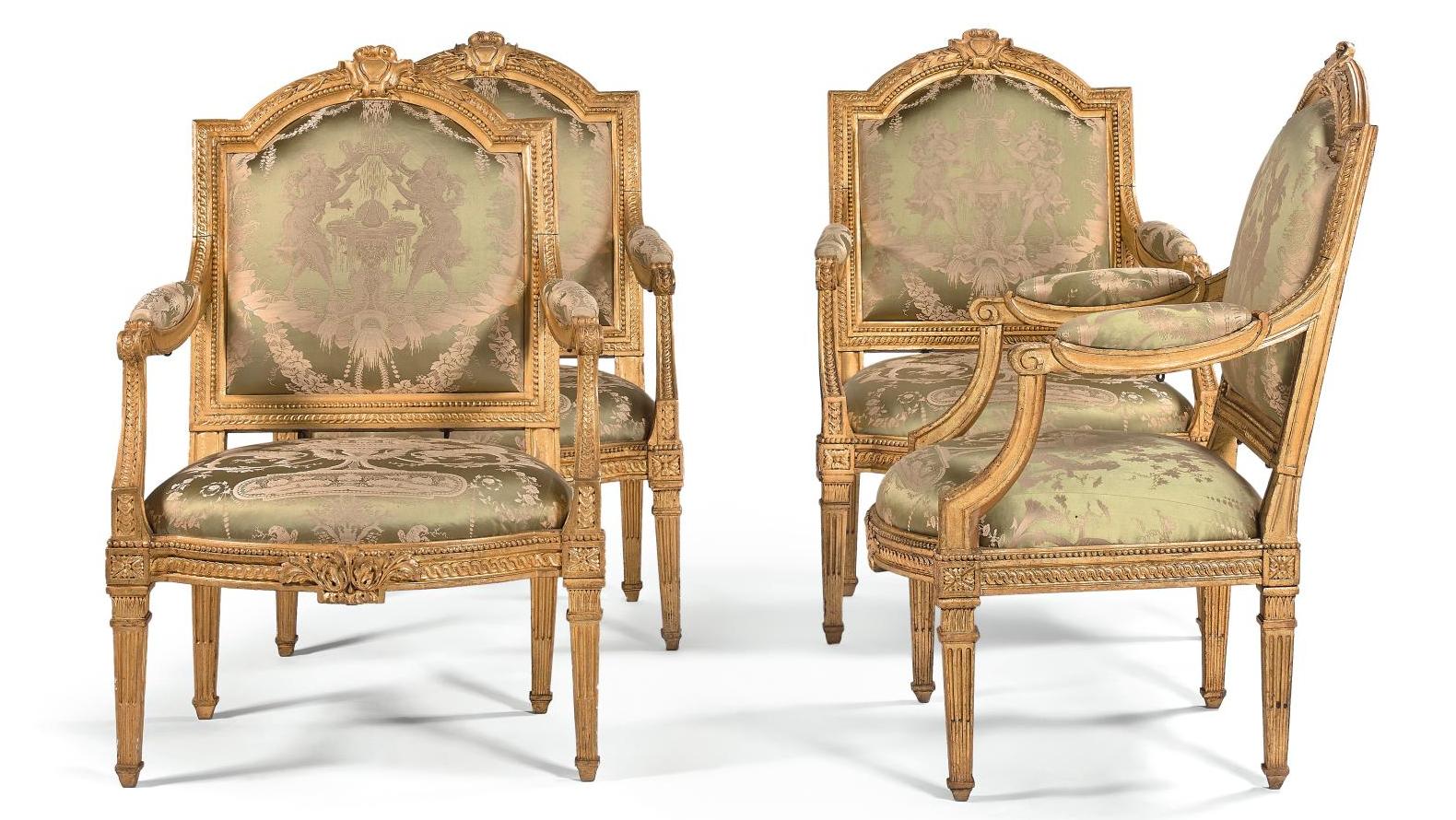 Philippe-Joseph Pluvinet (mort en 1793), suite de quatre fauteuils en bois redoré,... Une suite de sièges XVIIIe bien assise