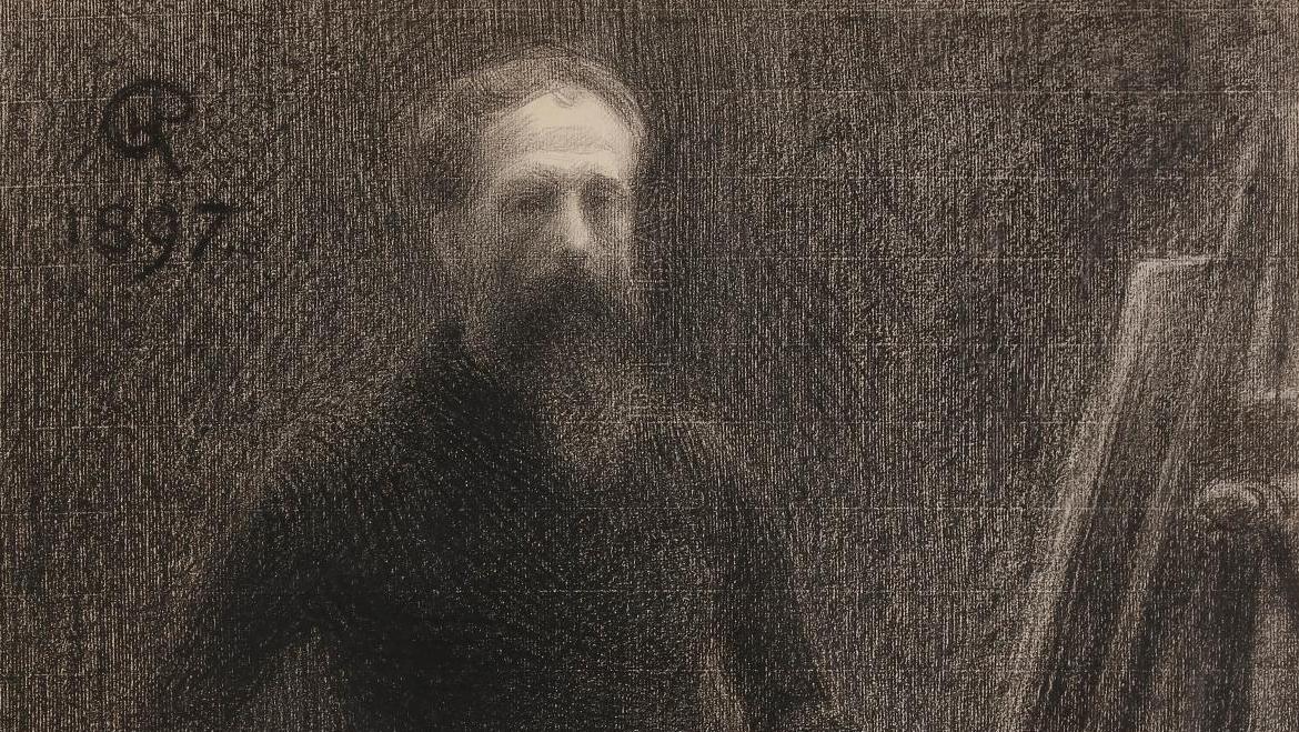 Hippolyte Petitjean (1854-1929), Autoportrait au chevalet, 1897, crayon noir, 62 x 48 cm.... Hippolyte Petitjean : autoportrait pointilliste