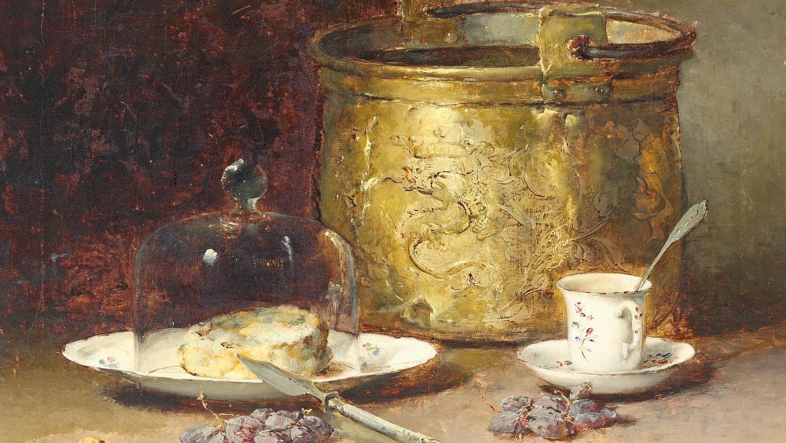 Guillaume Fouace (1827-1895), Nature morte à la cloche de fromage et chaudron de... La cloche à fromage, un exercice de style de Fouace