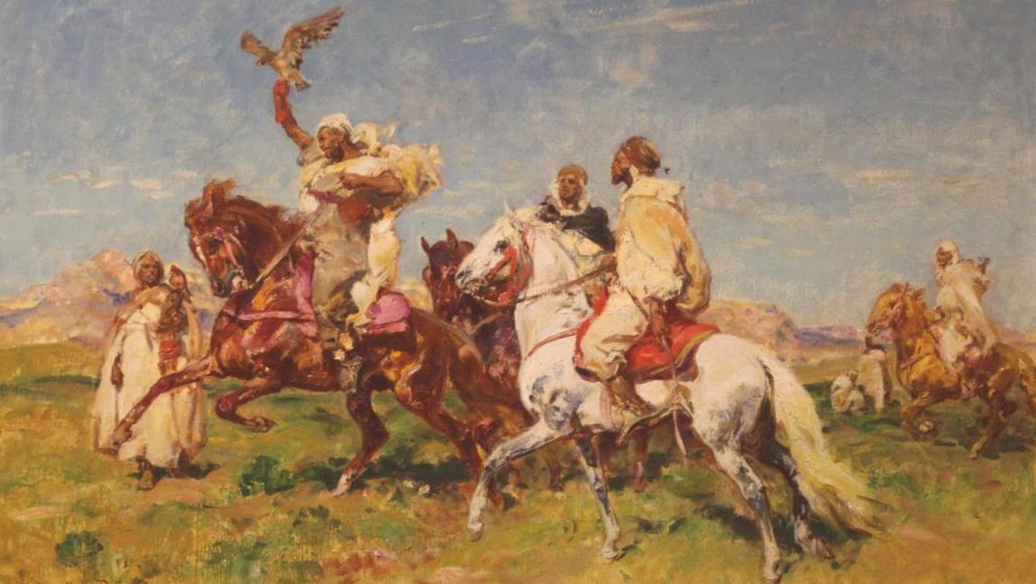 Henri Émilien Rousseau (1875-1933), Fauconniers algériens, huile sur toile, «33»,... Cavalcade algérienne