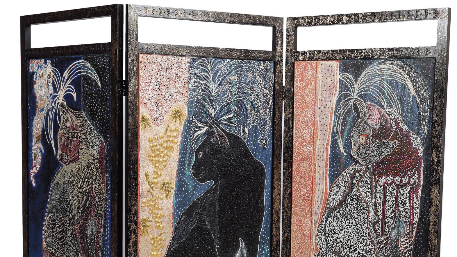 Paravent triptyque «aux chats » peint par Sophie Reynaud (née en 1963), bois et technique... Robert Combas et Sophie Reynaud : meubles et histoire d’amour