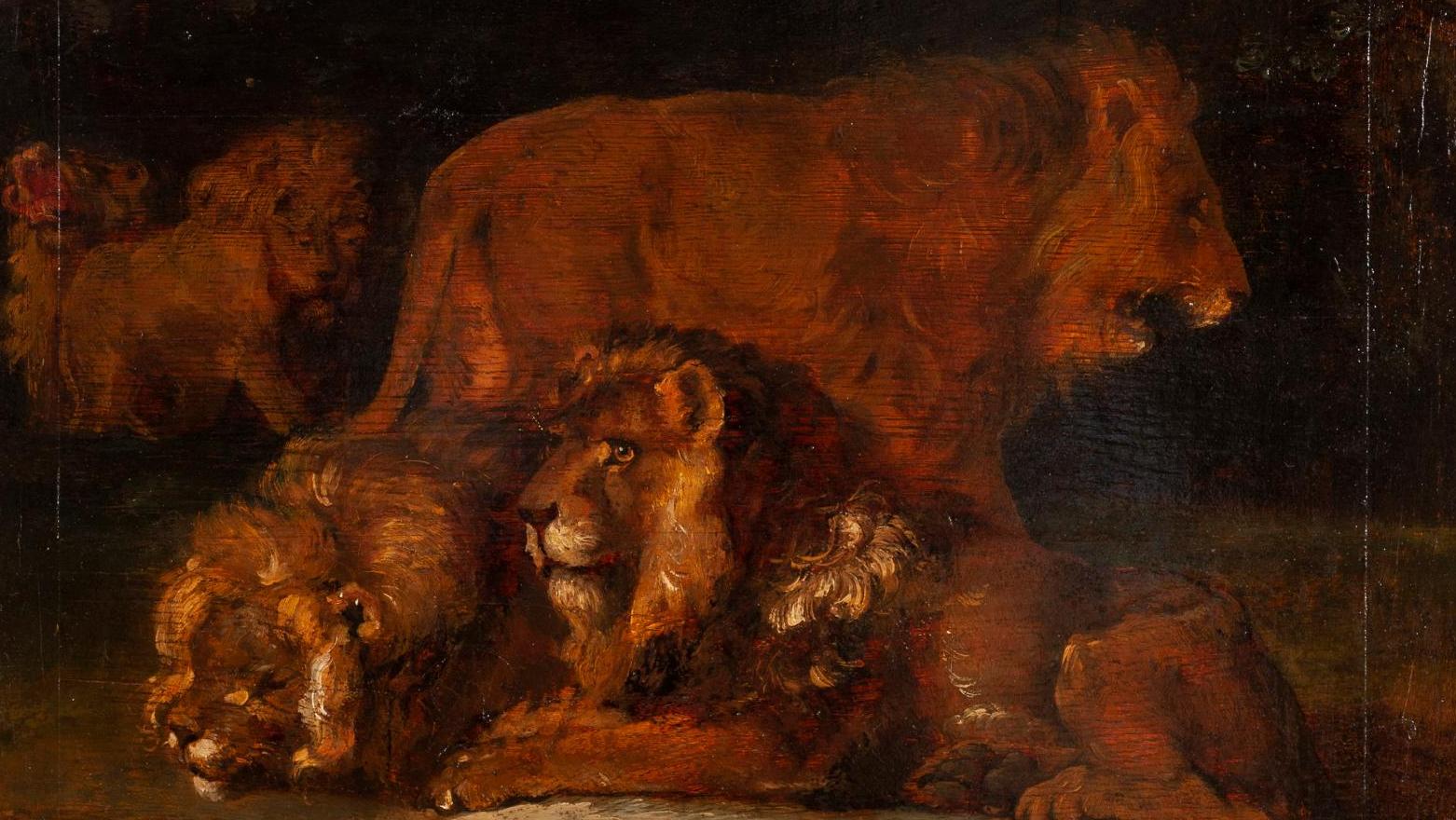 Théodore Géricault (1791-1824), Groupe de lions, huile sur panneau, 48 x 58 cm. Estimation... Géricault dans la fosse aux lions