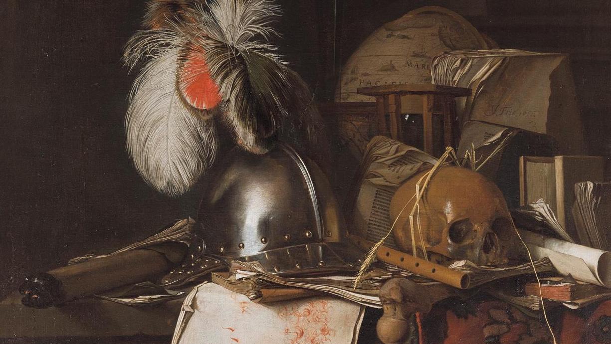Jan Fris (vers 1627-vers 1672), Vanité, huile sur toile, 111,5 x 87 cm. Adjugé :... D’une vanité de Jan Fris aux courbes de Raoul Larche