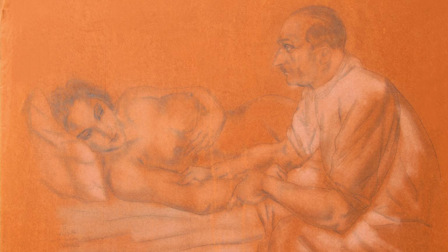Léonard Tsuguharu Foujita (1886-1968), Youki et son masseur, 1927, mine de plombet... La muse, le peintre et le masseur