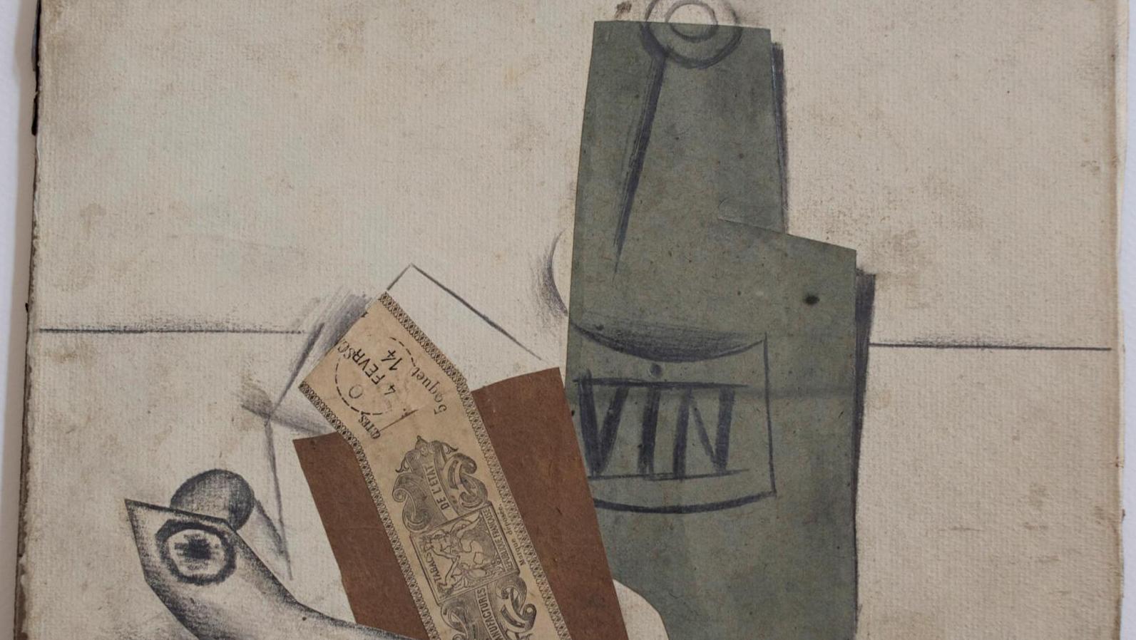 Un collage sur papier de Pablo Picasso vers 1912, Pipe et bouteille, dont les Le Guennec... Vol et recel,  la dialectique négative 