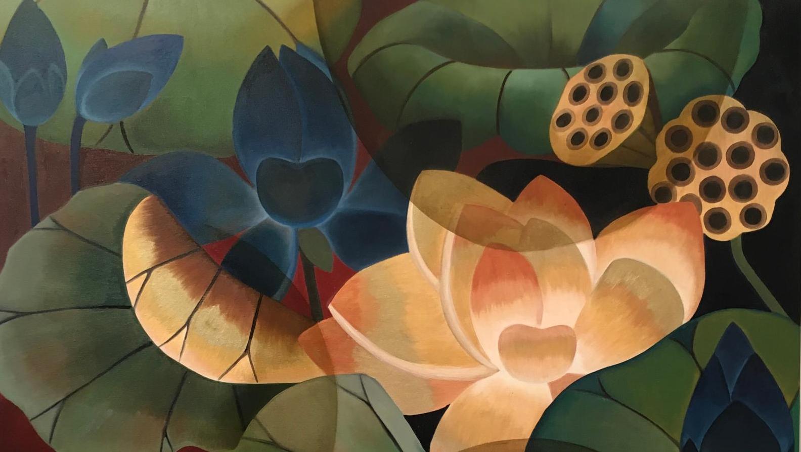 Senaka Senanayake (né en 1951), Blue Lotus, 2019, huile sur toile, 122 x 122 cm.... Abou Dhabi, malgré le deuil et la pluie