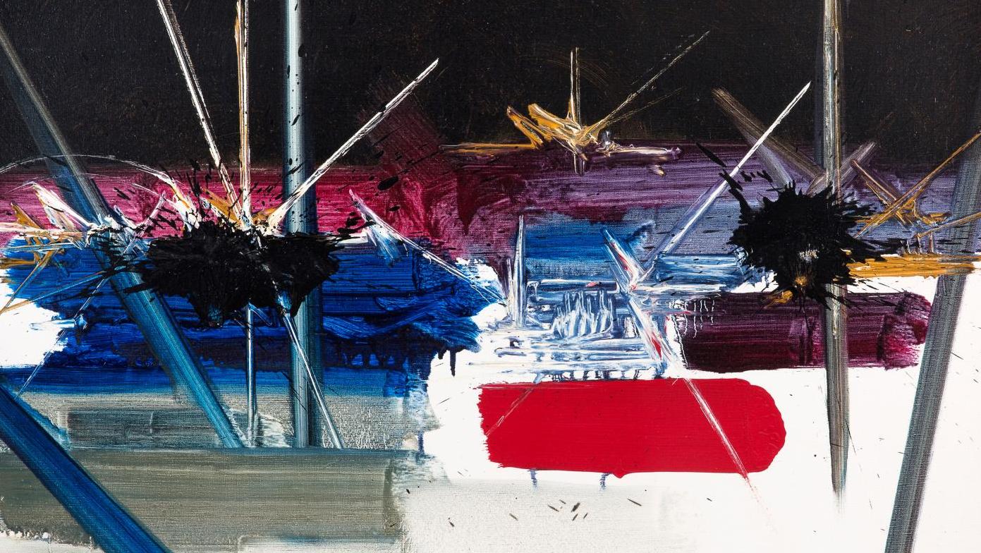 Georges Mathieu (1921-2012), Vieillesse des roses, 1983, alkyde sur toile, 73 x 92 cm.... Georges Mathieu : bleu, blanc, roses
