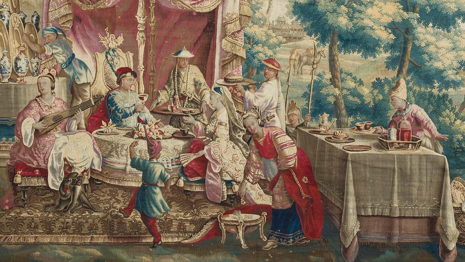 Manufacture royale de Beauvais, premier tiers du XVIIIe siècle, tapisserie de la... Un banquet tissé de Beauvais très bien garni
