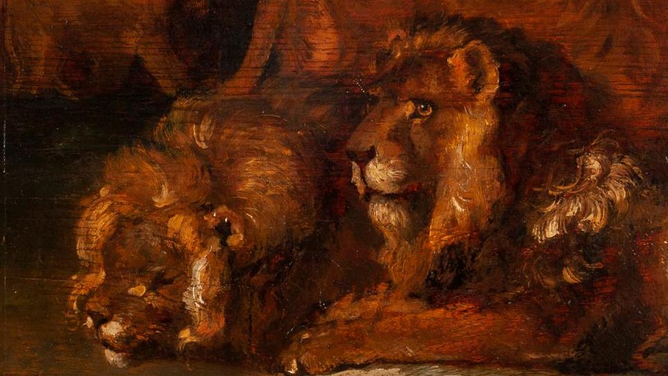Théodore Géricault (1791-1824), Groupe de lions, huile sur panneau, 48 x 58 cm. Adjugé :... Le lion, second meilleur ami de Géricault