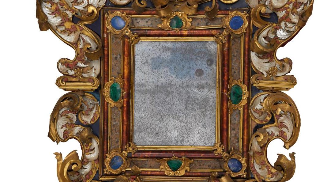 Italy, Naples or Sicily, early 18th century, gilt bronze mirror decorated with mother-of-pearl,... A Perfect Technical and Aesthetic Achievement