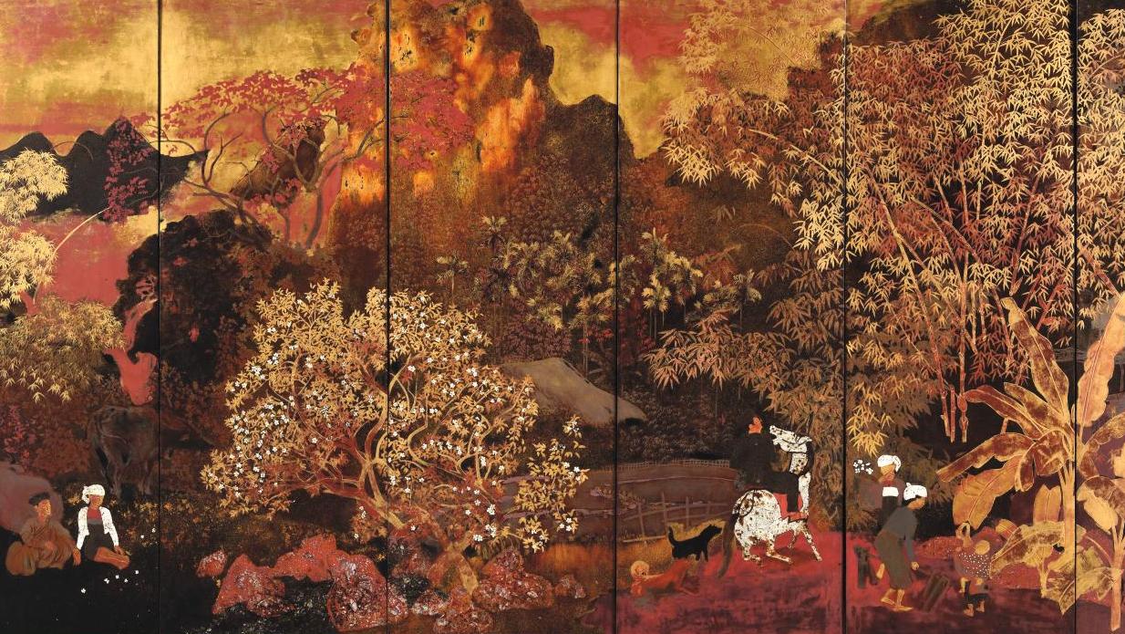 Nguyên Gia Trí (1908-1993), Scène de village, paravent à six feuilles en bois laqué... Nguyên Gia Trí, un paysage en or