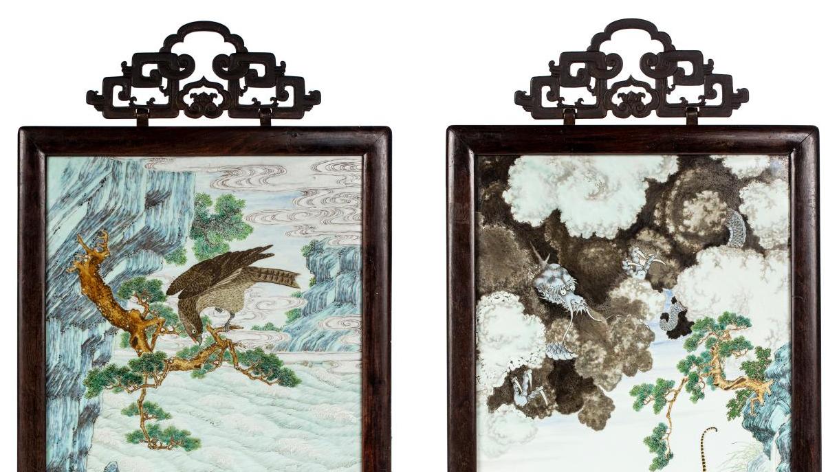 Chine, période Qing (1644-1912). Paire de panneaux en porcelaine, émaux polychromes... En Chine, sous le signe des étoiles à l'époque Qing