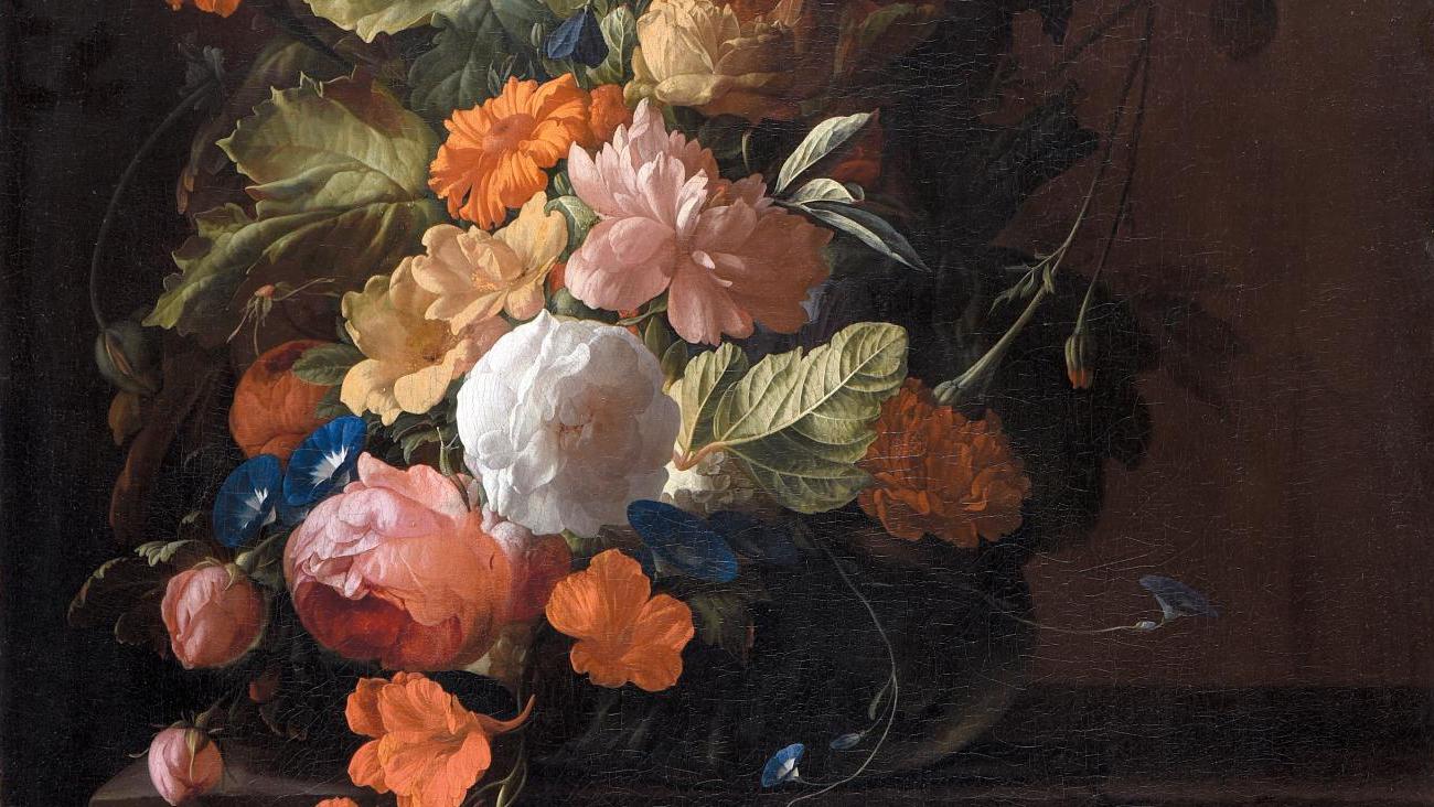 Elias Van den Broeck (1650-1708), Vase de fleurs sur un entablement, huile sur toile,... Femmes et fleurs à la façon de Renoir, Foujita et Van den Broeck