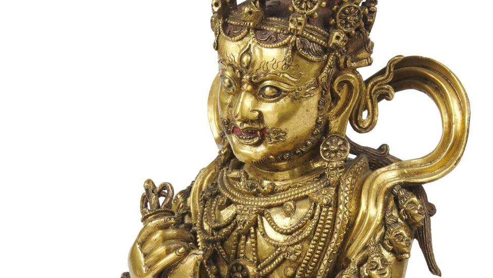 Tibet, époque Zhengde (1506-1521). Statuette de Panjarnata Mahakala en bronze doré,... Mahakala triomphe des enchères