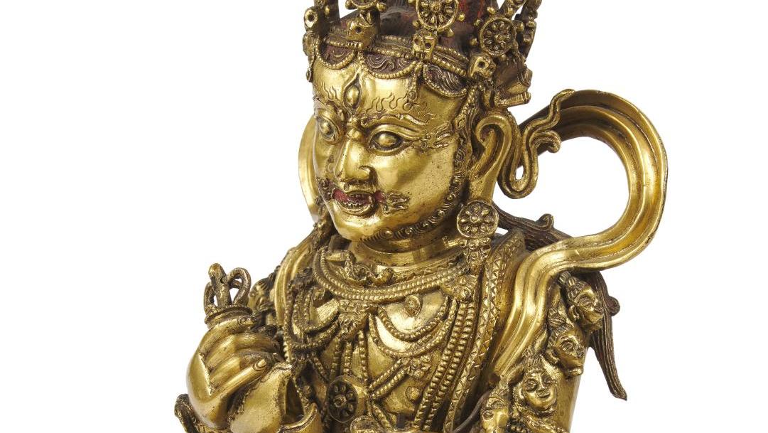 Tibet, Zhengde period (1506-1521), gilt bronze statuette of Panjarnata Mahakala standing... Mahakala Triumphs at Auction