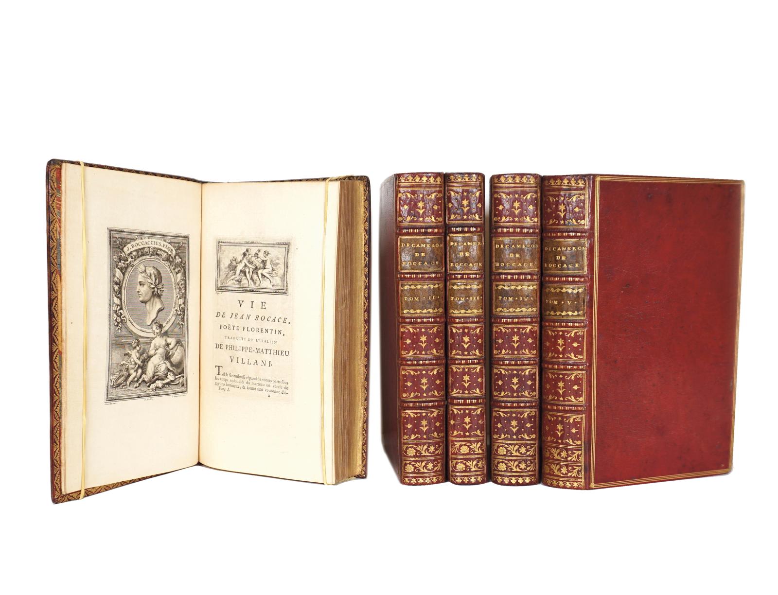 Jean Boccace (1313-1375) Le Decameron, Londres, 1757-1761, cinq volumes in-8°, édition ornée de cinq titres-frontispices, un portrait, 110
