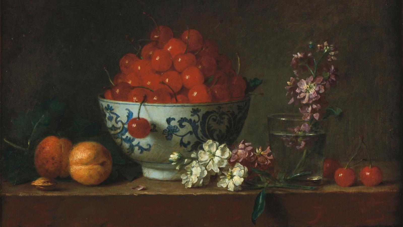 Attribué à Henri-Horace Roland Delaporte (1724-1793), Cerises, abricots et fleurs... L’art et la nature 