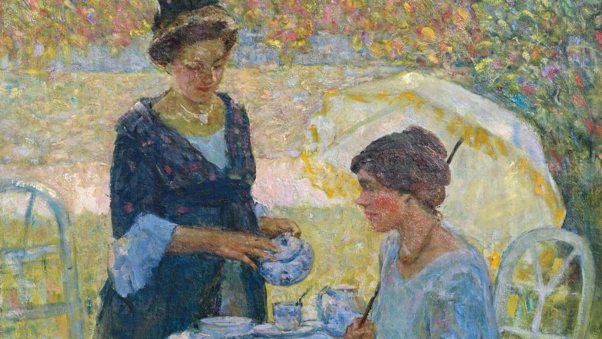 Karl Albert Buehr (1866-1952), Tea Time, vers 1910, huile sur toile, 116,5 x 89 cm.... L’heure du thé et celle du destin, avec Buehr et Combas