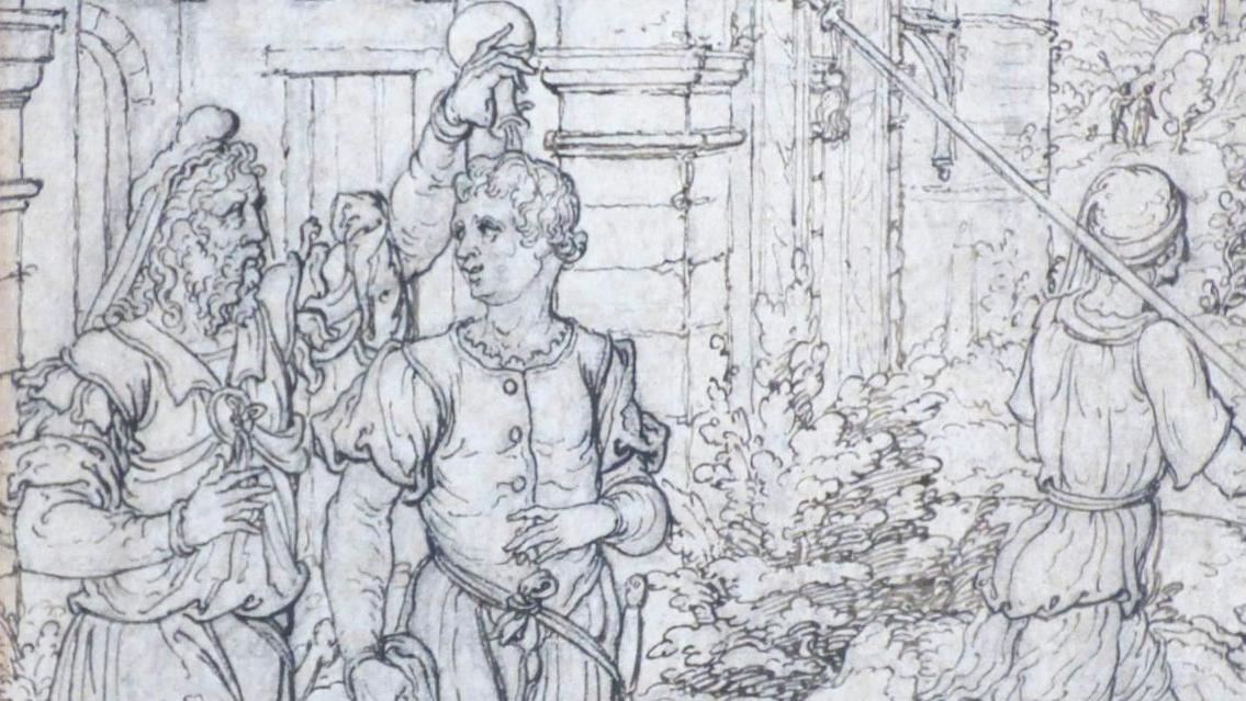 Dirck Pietersz Crabeth (1501-1574), L’Onction de David, dessin doublé, plume et encre... L’Ancien et le Nouveau Testament selon Crabeth et Mariano Andreu