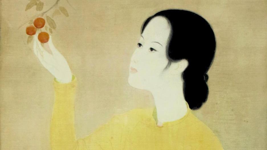 Mai Trung Thu, dit Mai-Thu (1906-1980), Jeune femme cueillant des fruits, 1941, gouache... Ambiances rêveuses de Mai-Thu et de Lalique