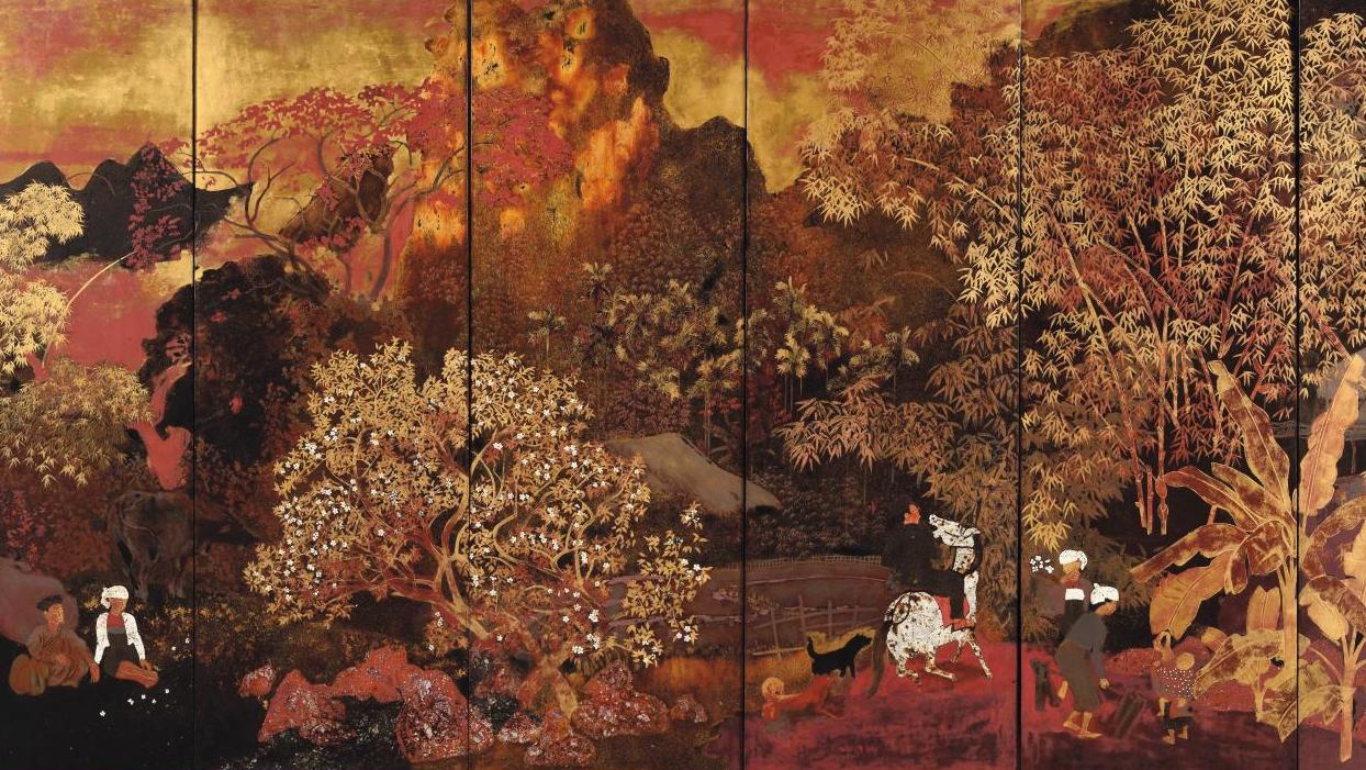 Nguyên Gia Trí (1908-1993), village scene, six-panelled folding screen in polychrome... Ideal Vietnam by Nguyên Gia Trí