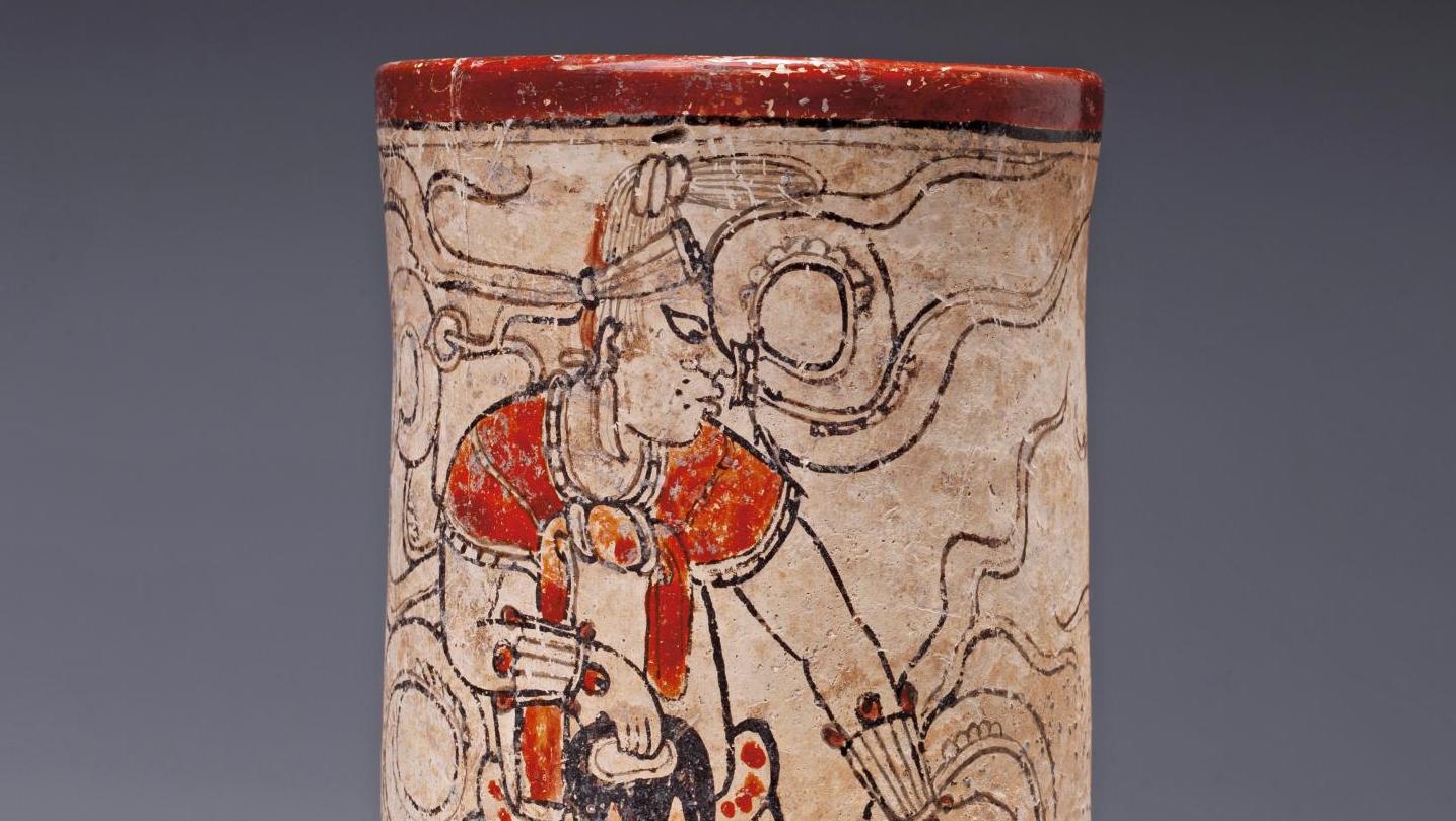 Maya, époque postclassique, 900-1100 apr. J.-C. Vase cylindre de type codex en terre... Gourmande créature mythique maya