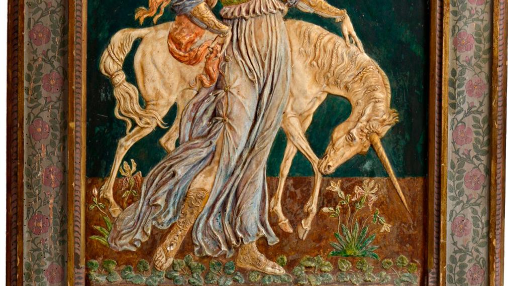31 250 € Armand Point (1860-1932), Princesse à la licorne, 1899, bas-relief en plâtre... Cote : fantastiques licornes