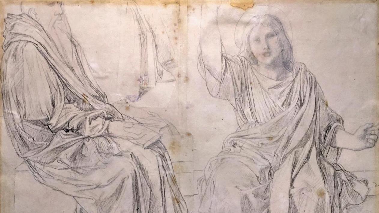 Jean-Dominique Ingres (1780-1867), Études de figures, crayon noir, quatre feuilles... Un dessin d’Ingres et un coffret louis-quatorzien
