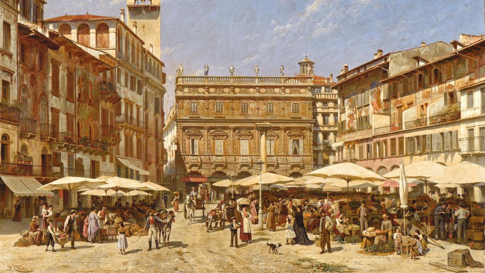 … Jacques-François Carabain (1834-1933), La Piazza d’Erbe à Vérone, 1880, huile sur... Hiver flamand et lumière d’Italie