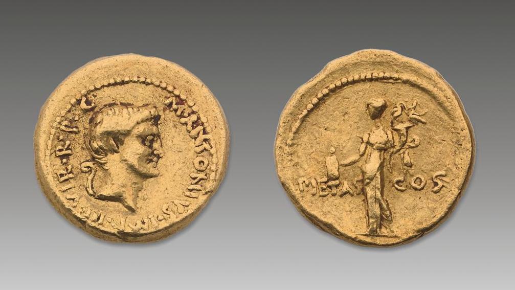 Rome, Marc Antoine, 41 av. J.-C. Aureus, atelier itinérant, poids 8,07 g. Adjugé :... Une frappe en or