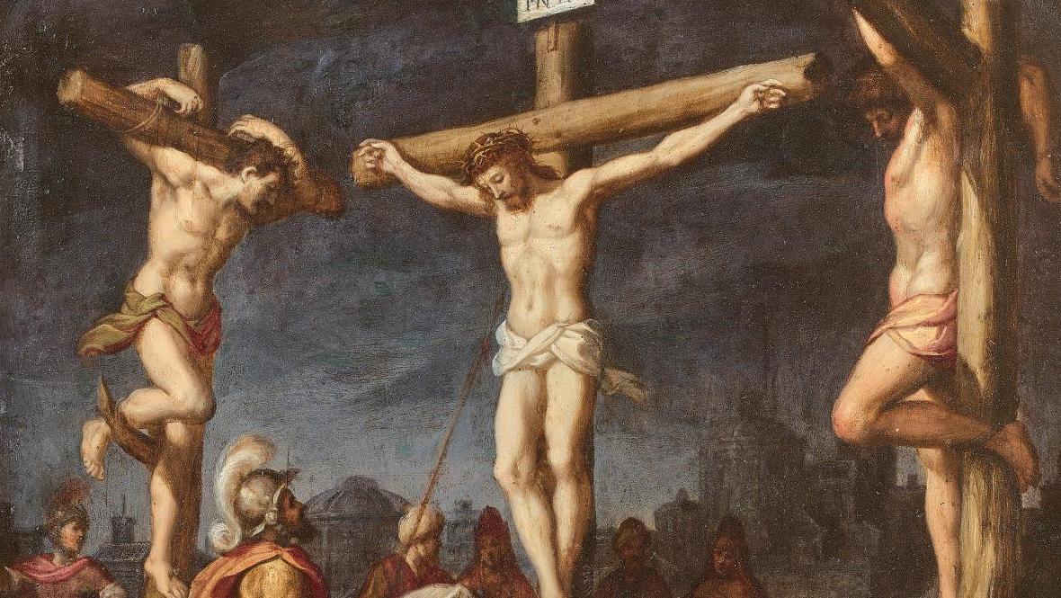 Francesco Curradi (1570-1661), Christ en croix entouré des deux larrons, la Vierge... Un maniérisme de jeunesse 